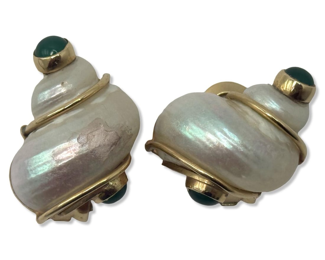 Signed Pair of Seaman Schepps 14kt YG, Mother of Pearl, & Emerald Clip-On Earrings (1 of 5)