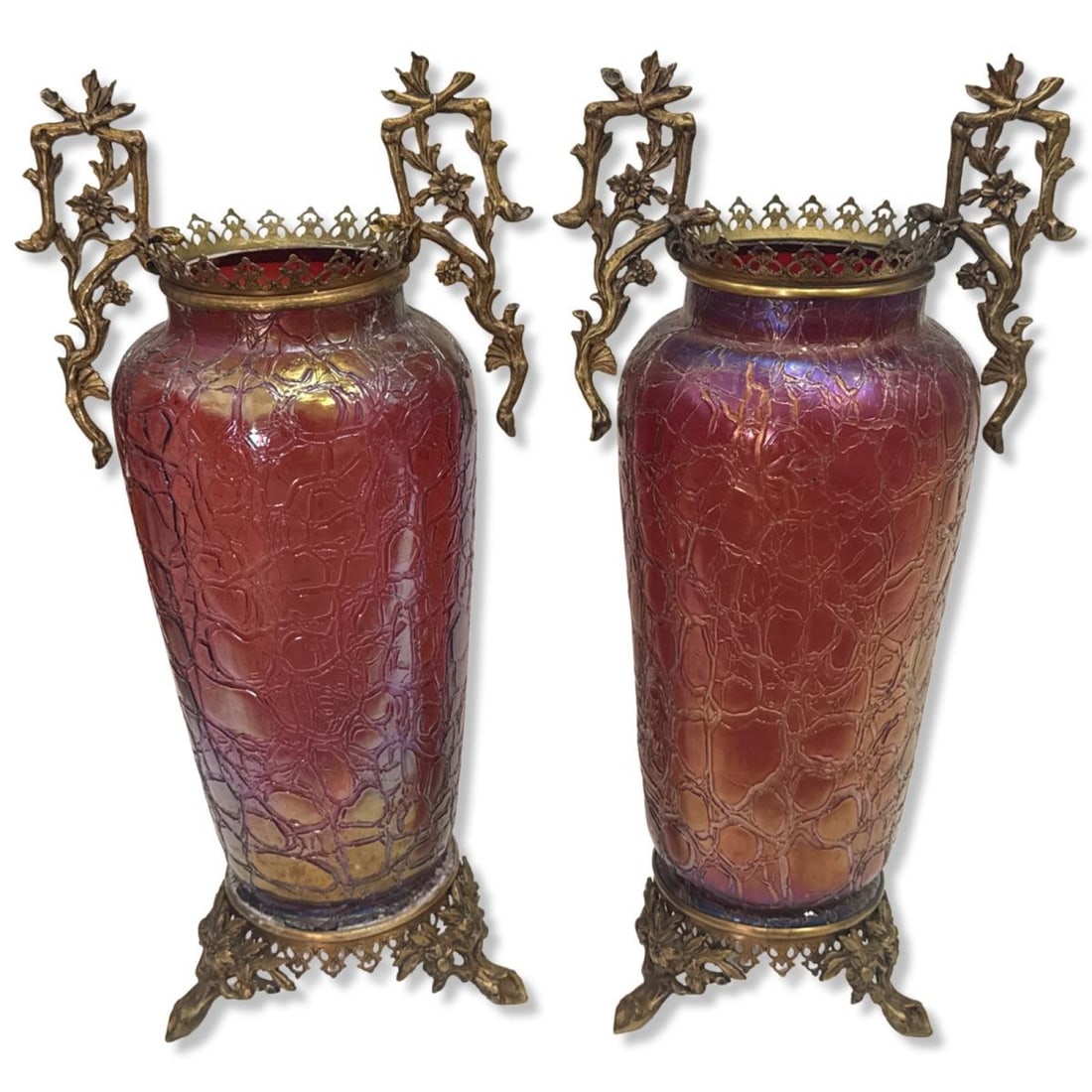 Pair of Loetz? Art Nouveau Iridescent & Bronze Two Handled Centerpiece Vases (1 of 5)