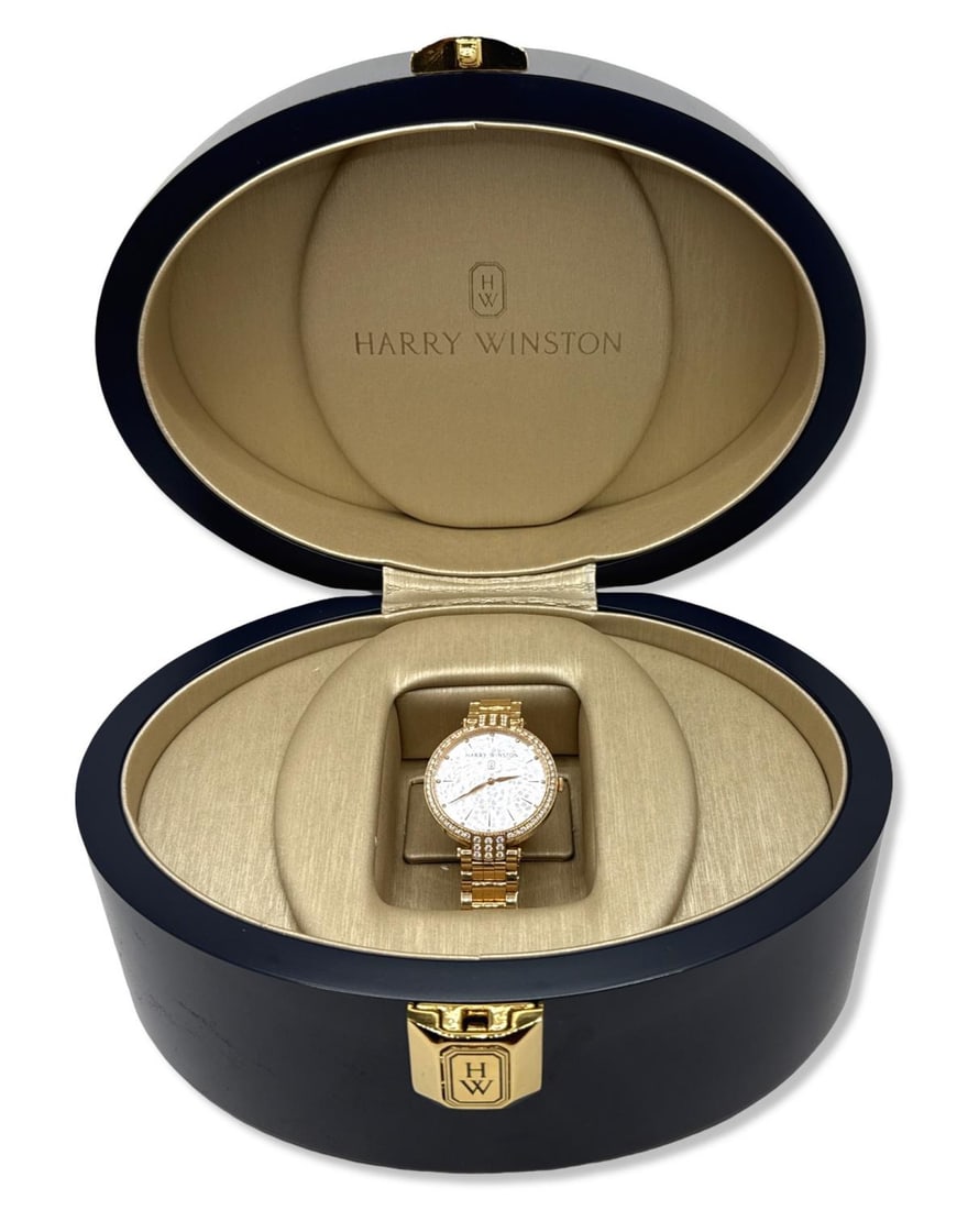 Harry Winston 18kt RG, Diamond, & Mother of Pearl Premier Quartz 39 MM Watch Ref No. PRNQHM39: Harry Winston 18kt RG, Diamond, & Mother of Pearl Premier Quartz 39 MM Watch Ref No. PRNQHM39 measures DIA: 3 1/4", weighs 93.00dwt. Includes original box, packaging, & additional link. Replcement val