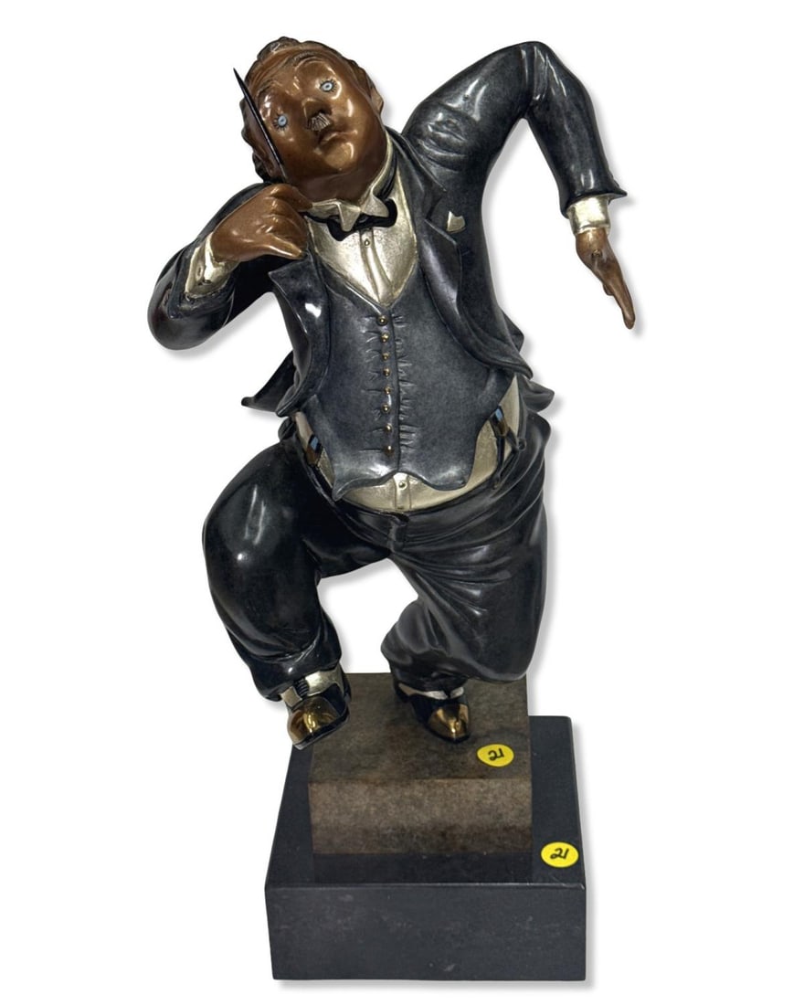 Signed Hiro Yamagata (Japanese, b. 1948) The Conductor Bronze Sculpture on Black Marble Base: Signed Hiro Yamagata (Japanese, b. 1948) The Conductor Bronze Sculpture on Black Marble Base. Signed, dated 88', & numbered 3/375 on rear. Total H: 19" x W: 8" x L: 9"