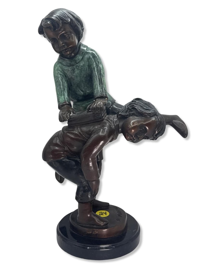 After Auguste Moreau (French, 1834-1917) Children Playing Leapfrog Bronze Sculpture on Black Marble (1 of 3)