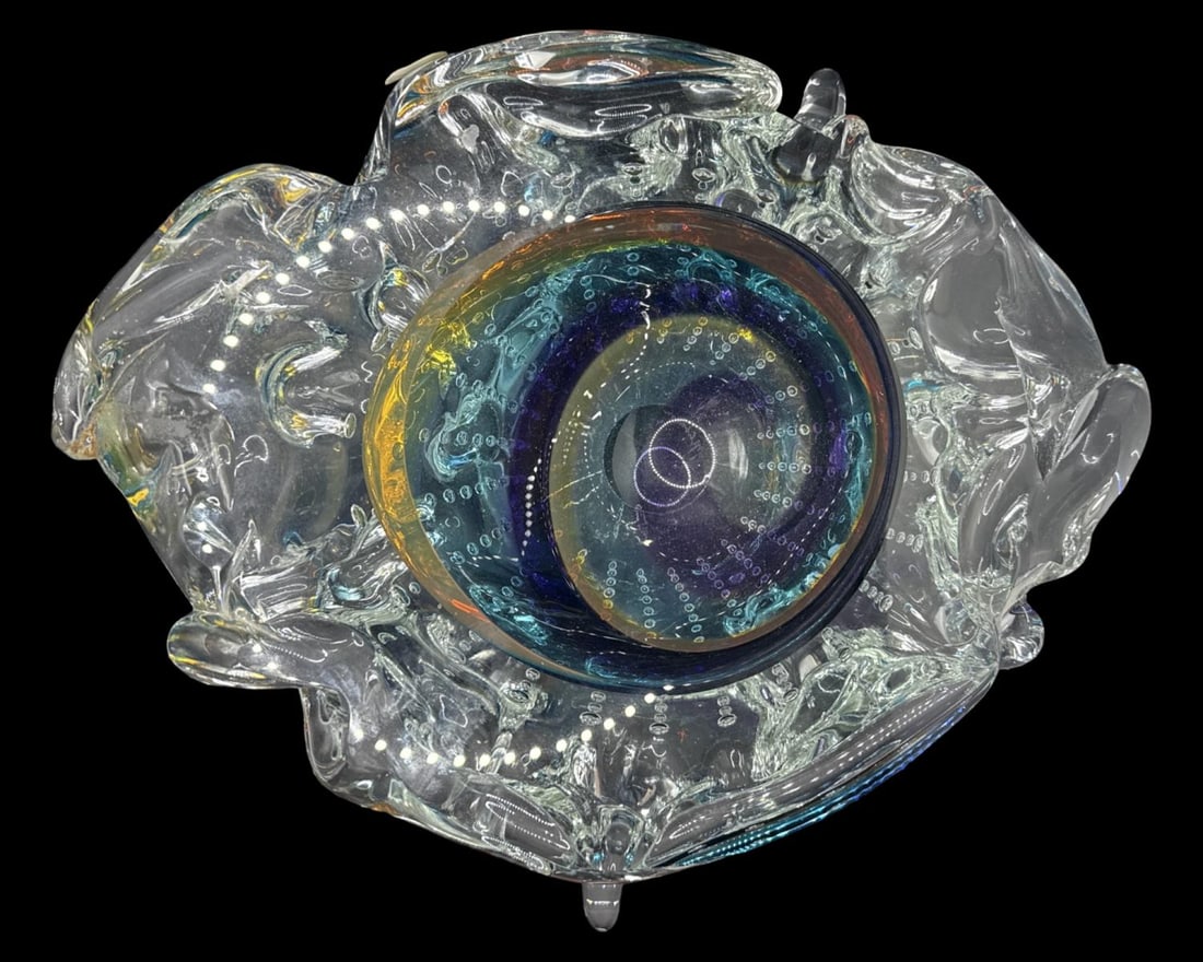 Artist Signed Multicolored Swirl Pattern Centerpiece Bowl (1 of 3)