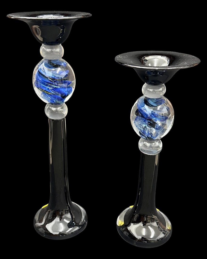 Pair of Signed SVA Art Glass Multicolored Candleholders (1 of 3)