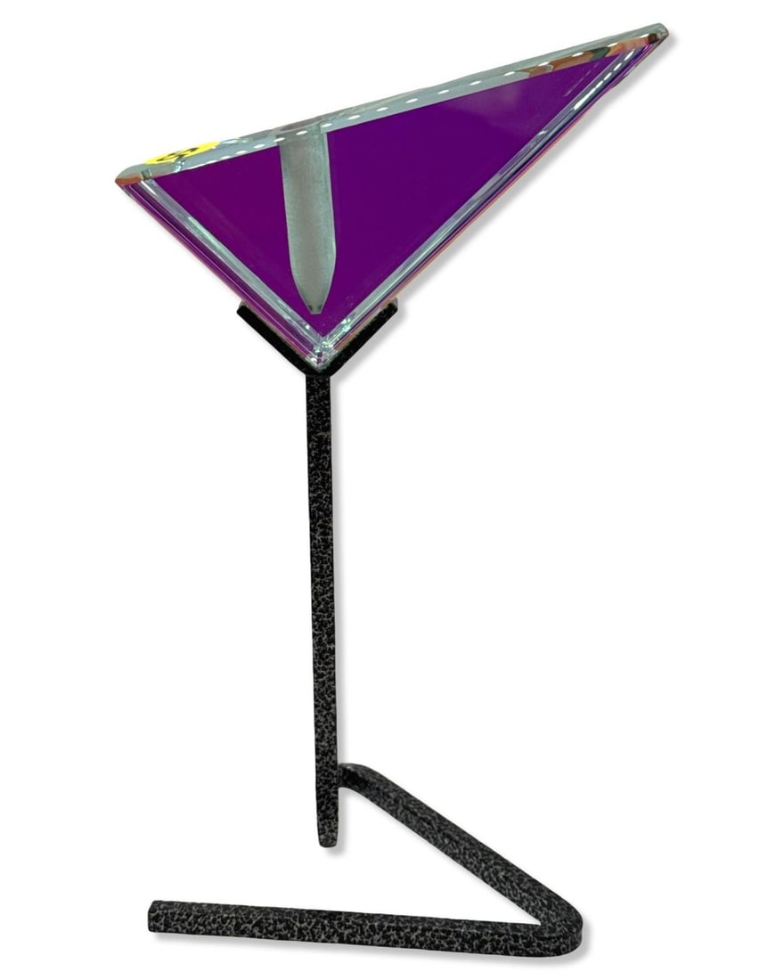 Multicolored Art Glass Geometric Perfume Bottle with Metal Base: Multicolored Art Glass Geometric Perfume Bottle with Metal Base H: 9" x W: 5 1/4"