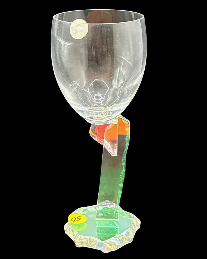 Artist Signed Multicolored Art Glass Wine Goblet (1 of 2)