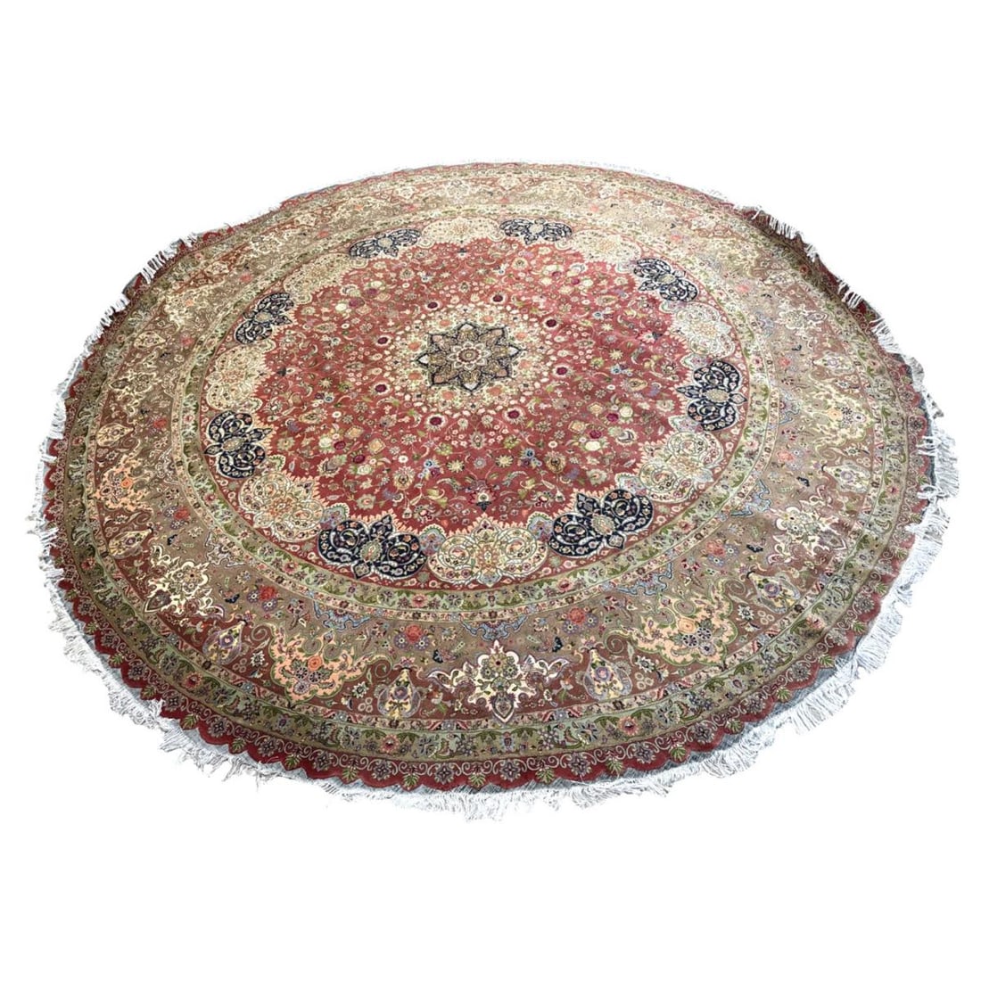 Persian Palaced Size Finely Detailed Multicolored Circular Tabriz Silk & Wool Rug: Persian Palaced Size Finely Detailed Multicolored Circular Tabriz Silk & Wool Rug measures DIA: 13' 5 1/2". Replacement value $25,000, features imperfections in one section