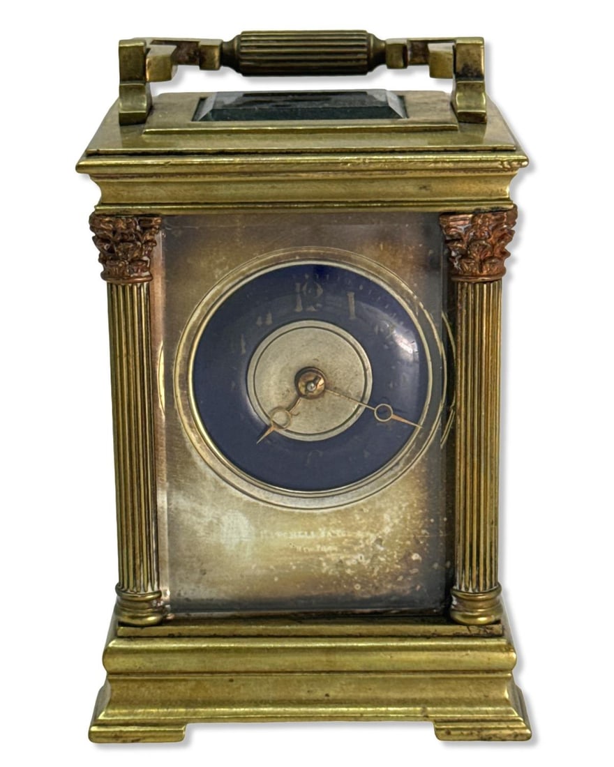 Antique French Carriage Clock Featuring an Architectural Motif Case: Antique French Carriage Clock Featuring an Architectural Motif Case H: 4 1/2" x W: 3" x L: 2 5/8"