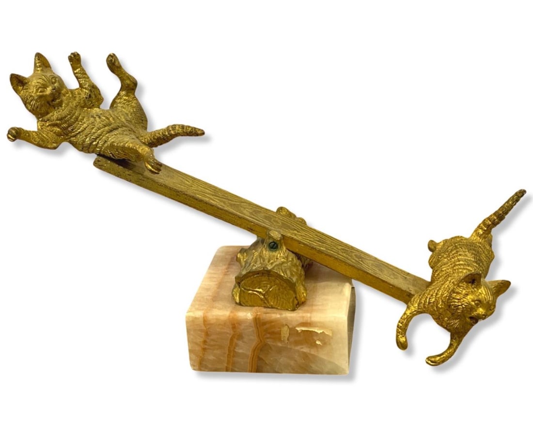 Gilt Bronze on Onyx Base of Two Cat Figurines (1 of 1)