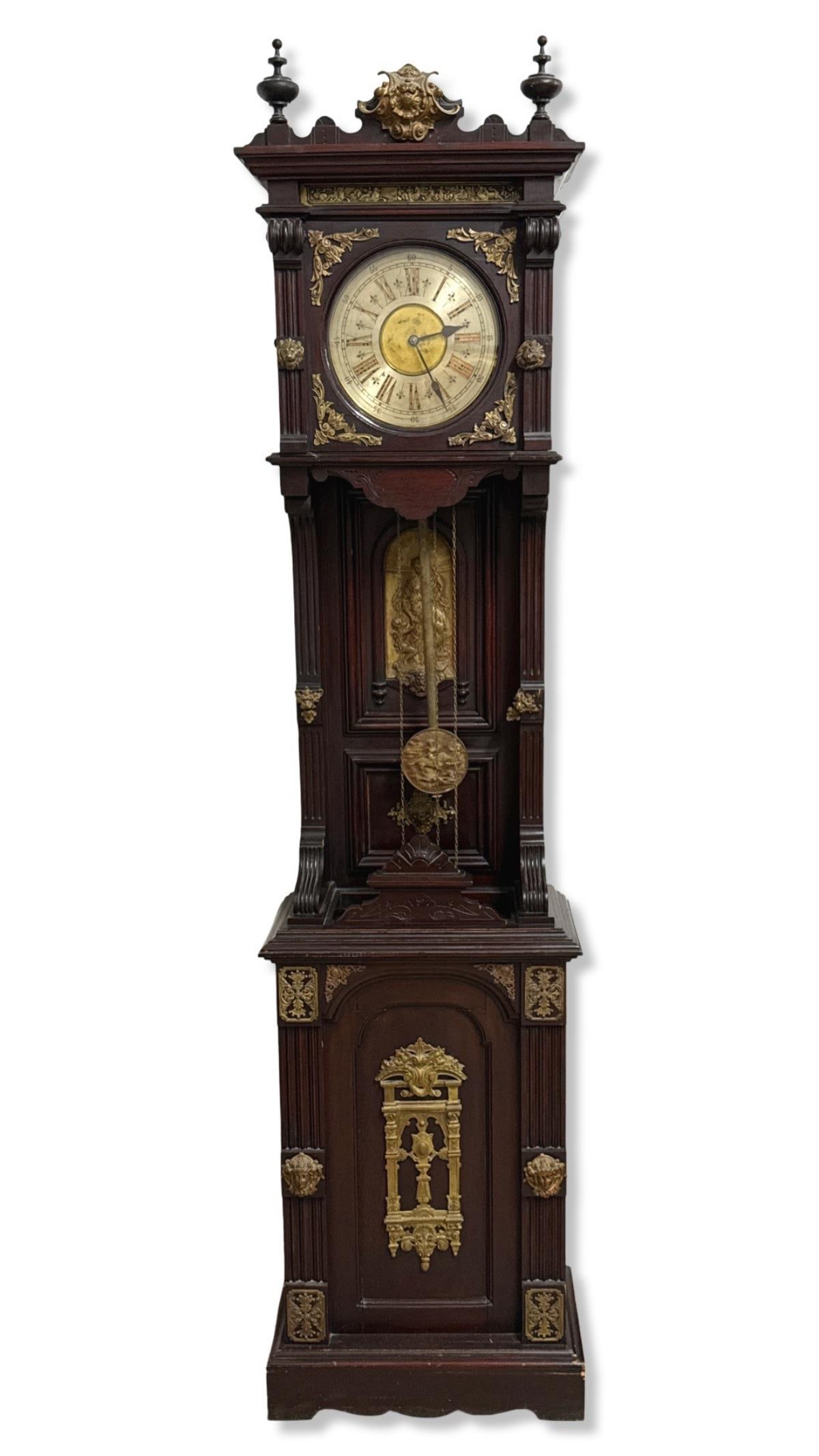European Bronze & Finely Carved Wooden Grandfather Clock Featuring Various Motifs Throughout (1 of 7)