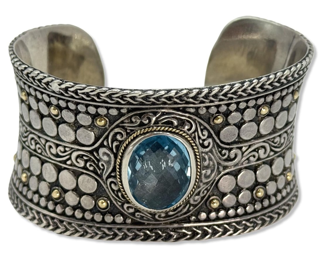 Samuel B Sterling Silver, 18kt YG, & Blue Topaz Cuff Bracelet: Samuel B Sterling Silver, 18kt YG, & Blue Topaz Cuff Bracelet measures L: 1 1/2" x DIA: 2 5/8", weighs 2.43OZT