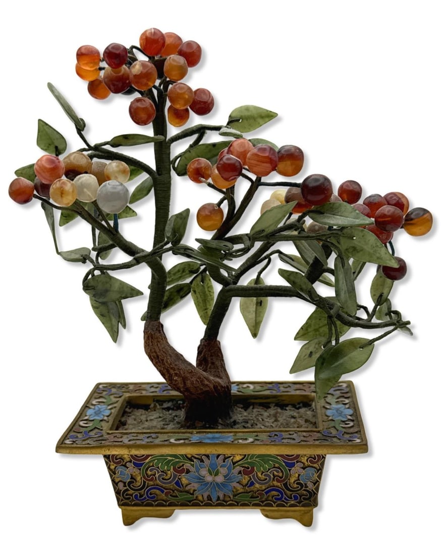 Chinese Jade & Carnelian Bonsai Tree in Cloisonne Enamel Planter (1 of 2)