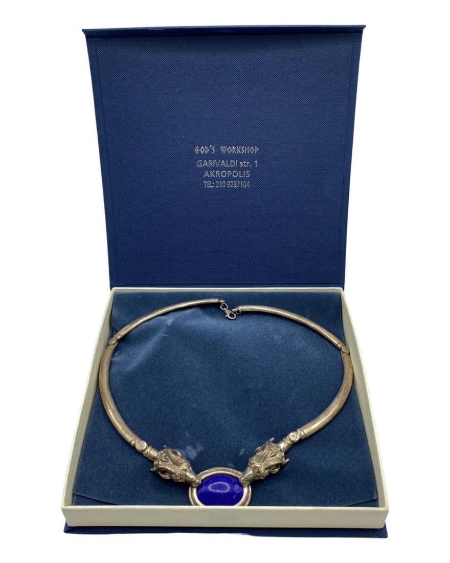 Greek Sterling Silver & Lapis Necklace in Original Box: Greek Sterling Silver & Lapis Necklace in Original Box measures L: 6 1/2", weighs 1.94 OZT
