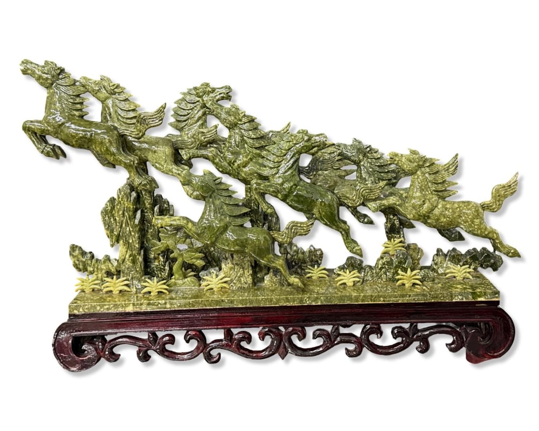 Chinese Carved Jade Monumental Sized Sculpture of Nine Leaping Horses: Chinese Carved Jade Monumental Sized Sculpture of Nine Leaping Horses H: 22 3/4" x W: 34 1/2" x L: 7". Has been repaired, sold as is. Has insurance replacement value of $5,000