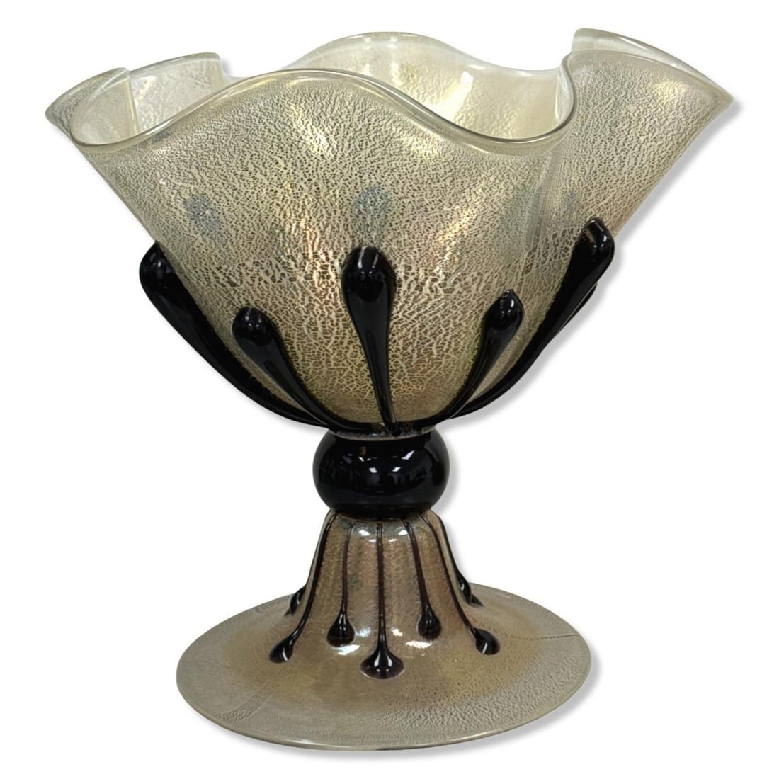 Vintage Murano Multicolored Art glass Ruffled Rim Centerpiece Featuring a Crackle Motif Throughout: Vintage Murano Multicolored Art glass Ruffled Rim Centerpiece Featuring a Crackle Motif Throughout measures H: 15" x DIA: 16"
