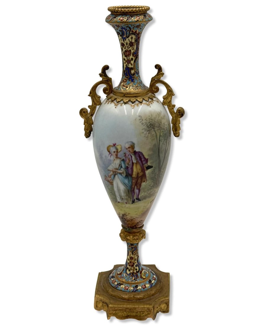 Signed P. Roche Sevres Style French Porcelain, Brass Double Handle, & Champleve Cloisonne Enamel: Signed P. Roche Sevres Style French Porcelain, Brass Double Handle, & Champleve Cloisonne Enamel Vase measures H: 12 7/8" x W: 4 3/8"
