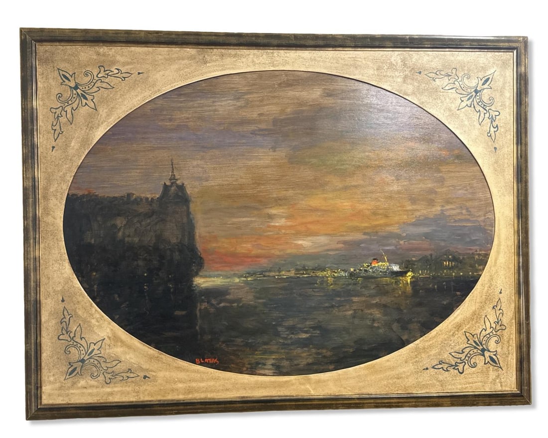 Signed Arbit Blatas (Lithuanian, 1908-1999) Venice Oil Painting on Board of a Riverside Cityscape: Signed Arbit Blatas (Lithuanian, 1908-1999) Venice Oil Painting on Board of a Riverside Cityscape. Signed lower left, total H: 53 1/2" x W: 71 1/2"