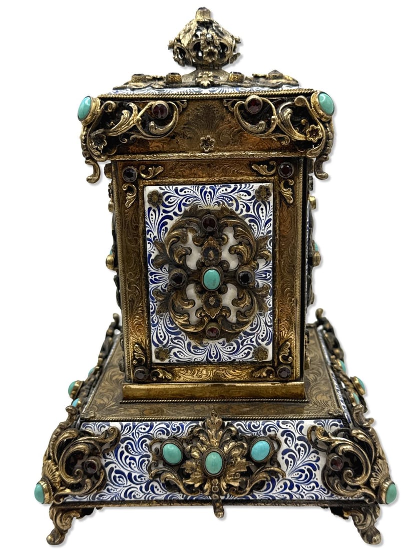 European Gilt Sterling Silver & Enamel Standing Music Box: European Gilt Sterling Silver & Enamel Standing Music Box H: 9" x W: 6" x L: 6"