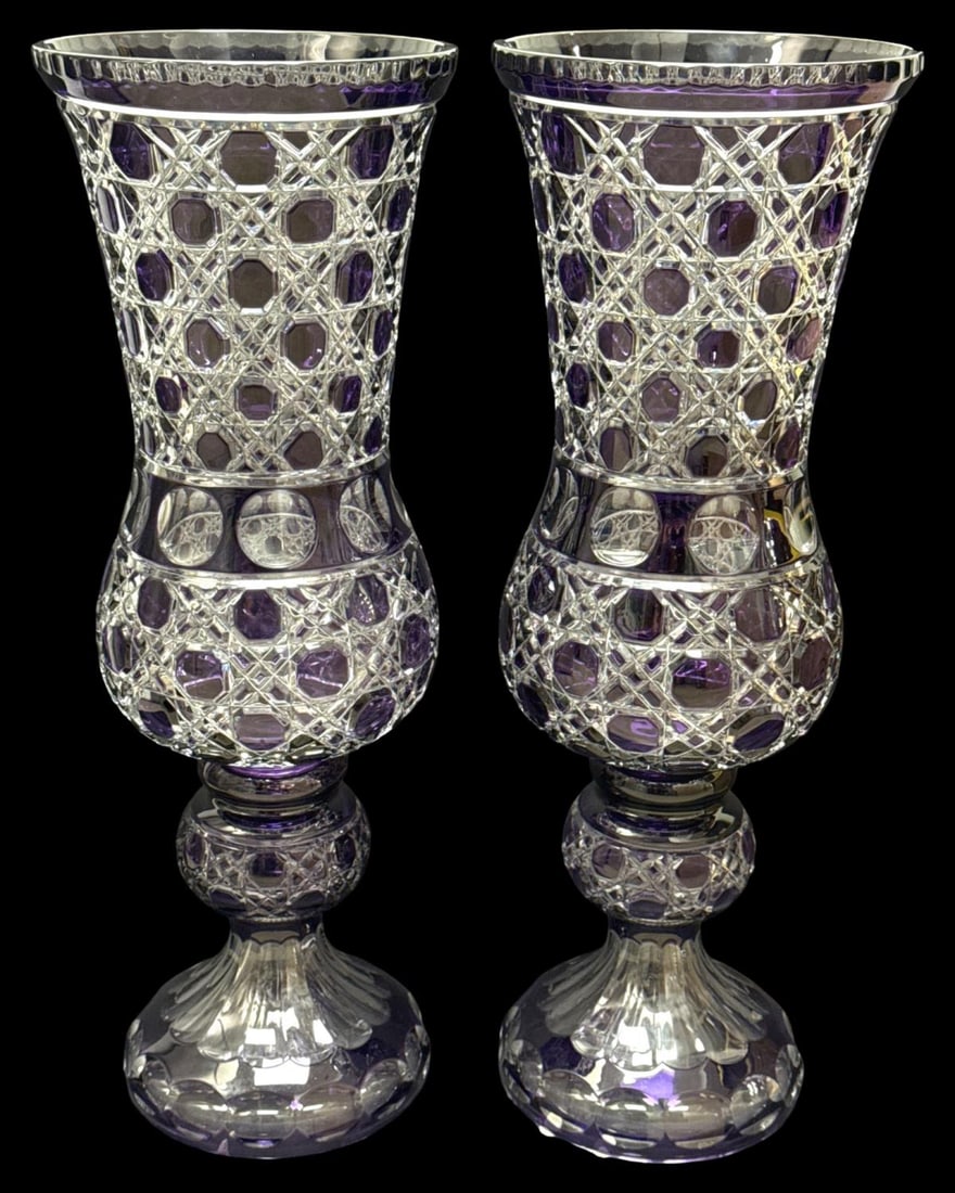 Pair of Purple Cut to Clear Crystal Palace Size Vases: Pair of Purple Cut to Clear Crystal Palace Size Vases measures H: 21 7/8" x DIA: 7 3/4"