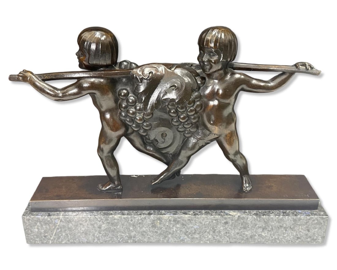Figural Bronze Sculpture of Children or Cherubs Carrying a Grapevine on Marble Base: Figural Bronze Sculpture of Children or Cherubs Carrying a Grapevine on Marble Base H: 14" x W: 19 3/4" x L: 4 1/4"