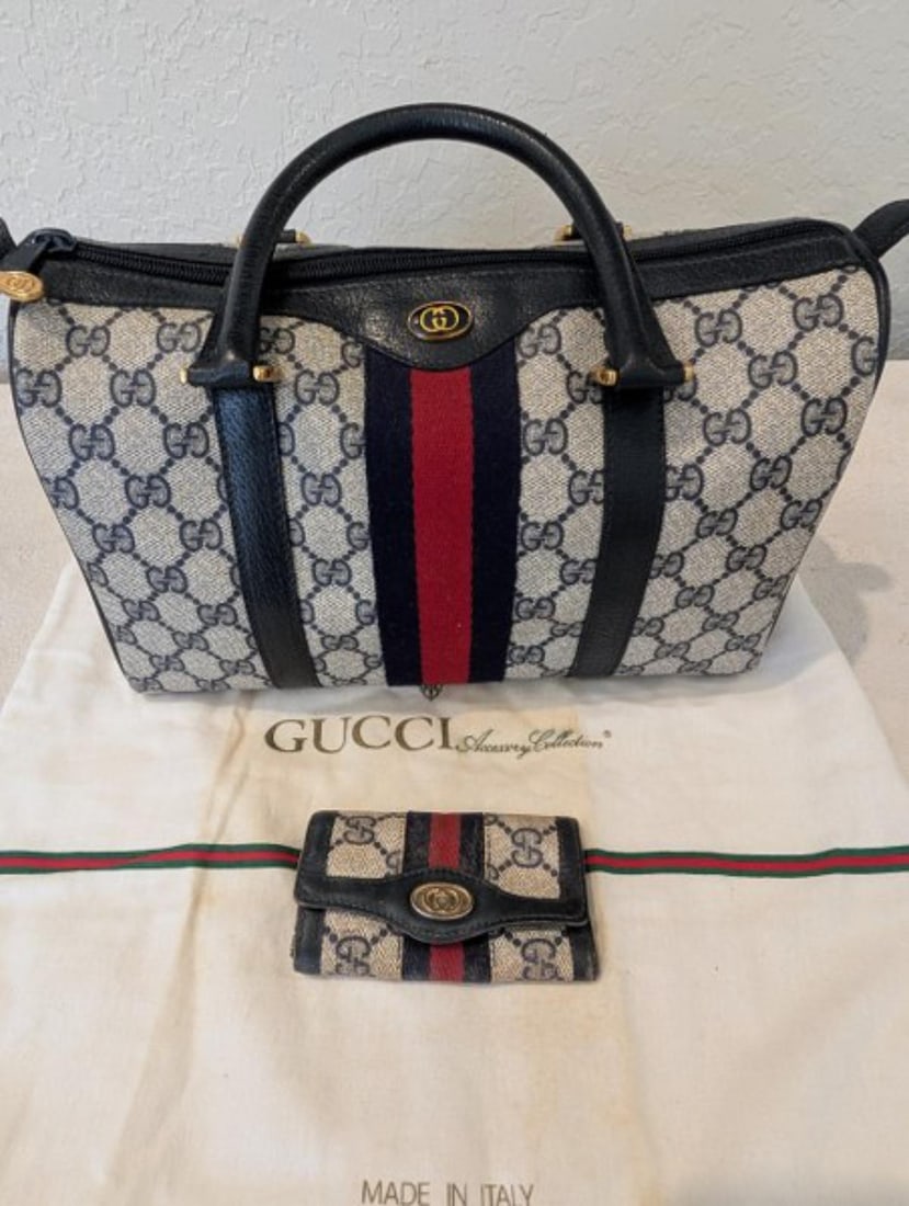 Authentic Vintage Gucci Blue GG Monogram Boston Handbag with Matching Key Case, Dust Bag & Red/Navy (1 of 5)