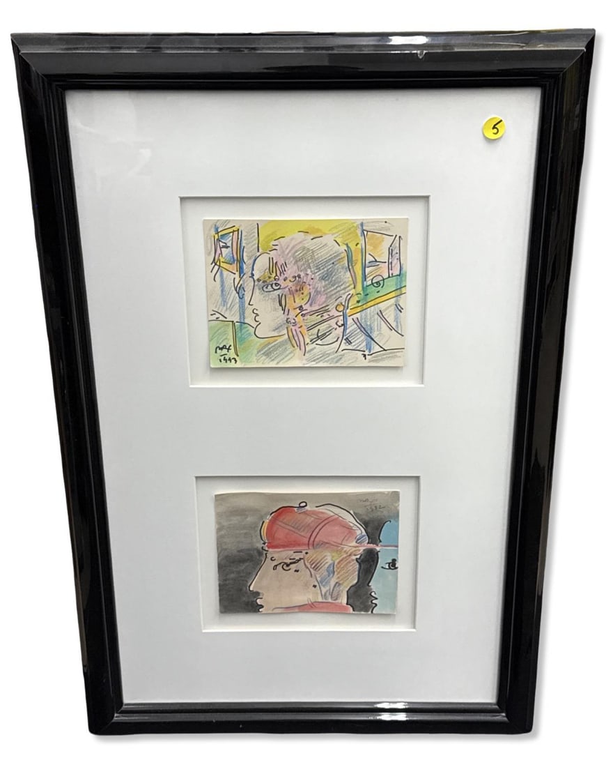 Signed Peter Max (German/American, b. 1937) Custom Framed Double Paintings: Signed Peter Max (German/American, b. 1937) Custom Framed Double Paintings. Top painting is a crayon pencil on paper, bottom is a watercolor on paper. Both are signed & dated, total H: 29 1/2" x W: 20