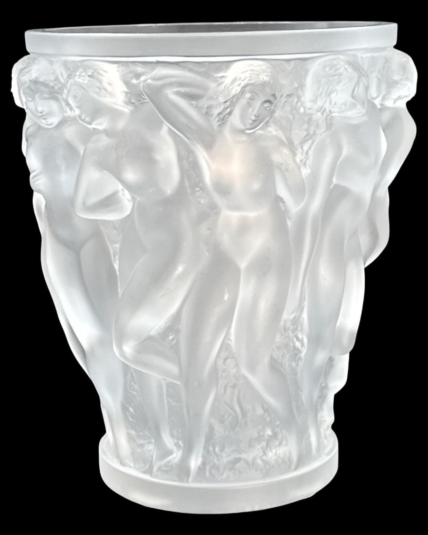 Signed Lalique France Frosted & Clear Crystal Bacchantes Vase: Signed Lalique France Frosted & Clear Crystal Bacchantes Vase. Signed on base, H: 9 1/2" x DIA: 7 1/2"