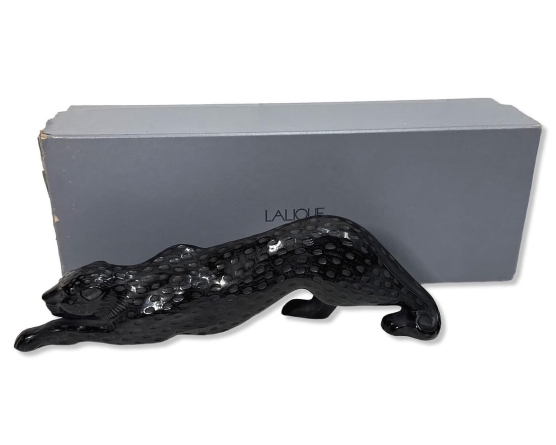 Signed Lalique France Black Crystal Zeila Panther Sculpture with Original Box: Signed Lalique France Black Crystal Zeila Panther Sculpture with Original Box. Signed on bottom, H: 4 1/4" x W: 14 1/2"
