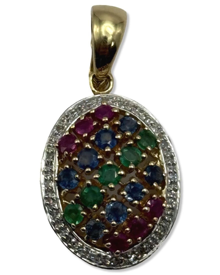 14kt YG + WG, Approx 1.00-1.50ct Diamond, & Assorted Precious Gemstone Pendant: 14kt YG + WG, Approx 1.00-1.50ct Diamond, & Assorted Precious Gemstone Pendant L: 1 1/4", weighs 2.81dwt