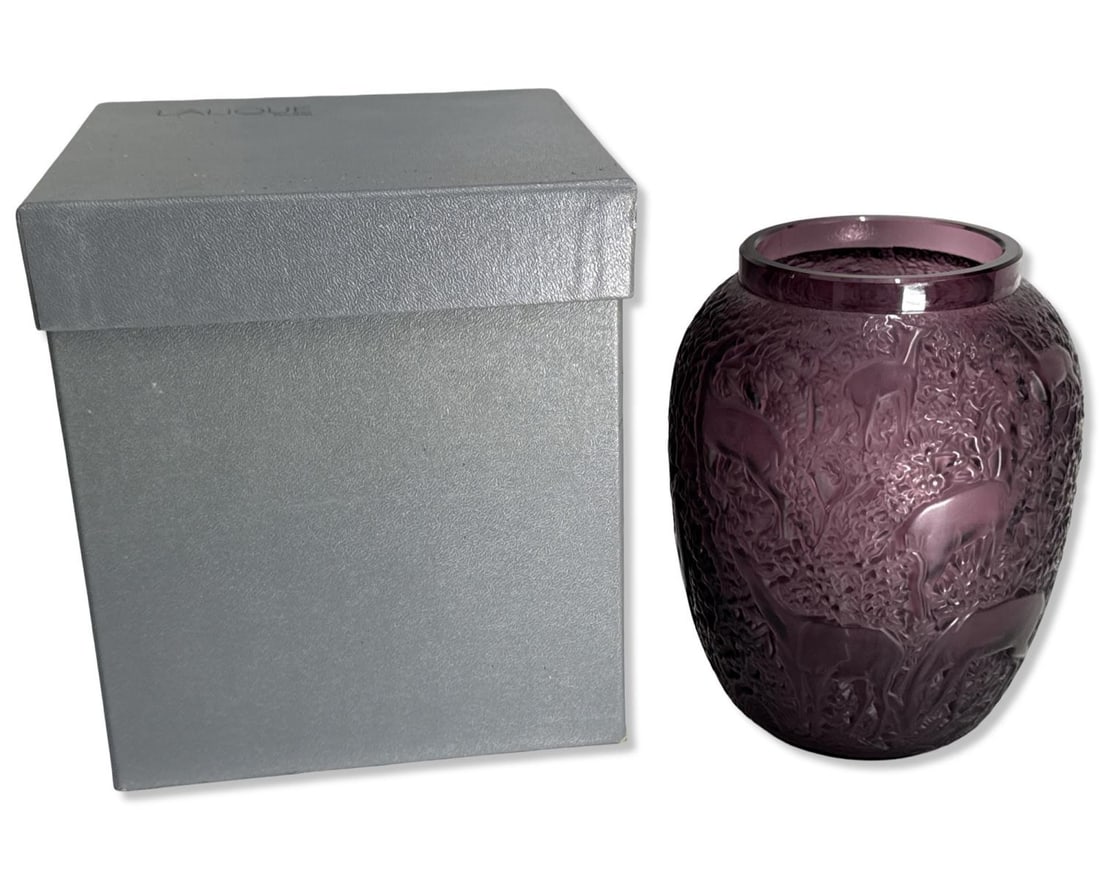 Signed Lalique France Amethyst Colored Crystal Biches Vase with Original Box (1 of 4)
