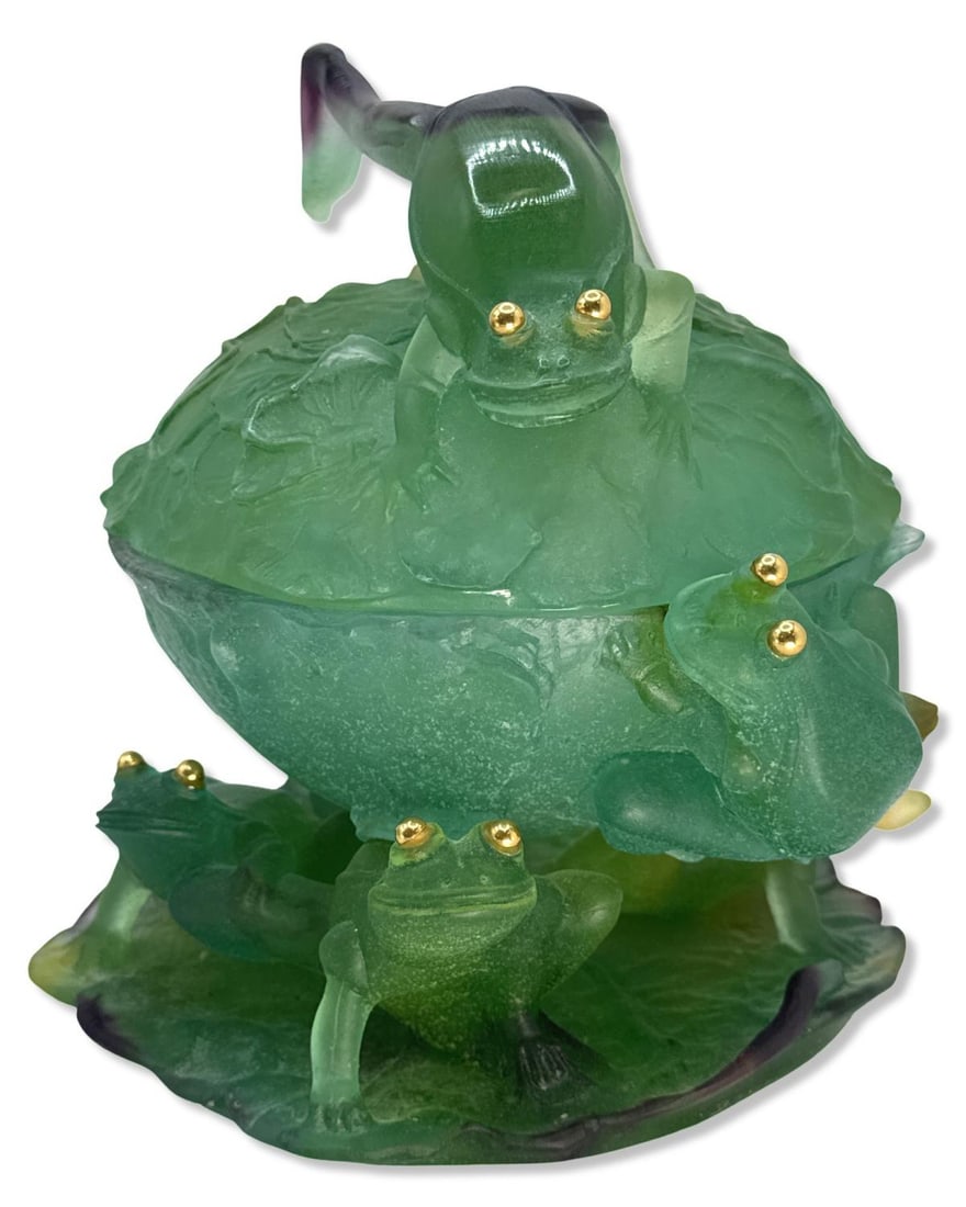 Rare Daum France Pate De Verre Large Covered Bowl Featuring Six Frogs (1 of 6)