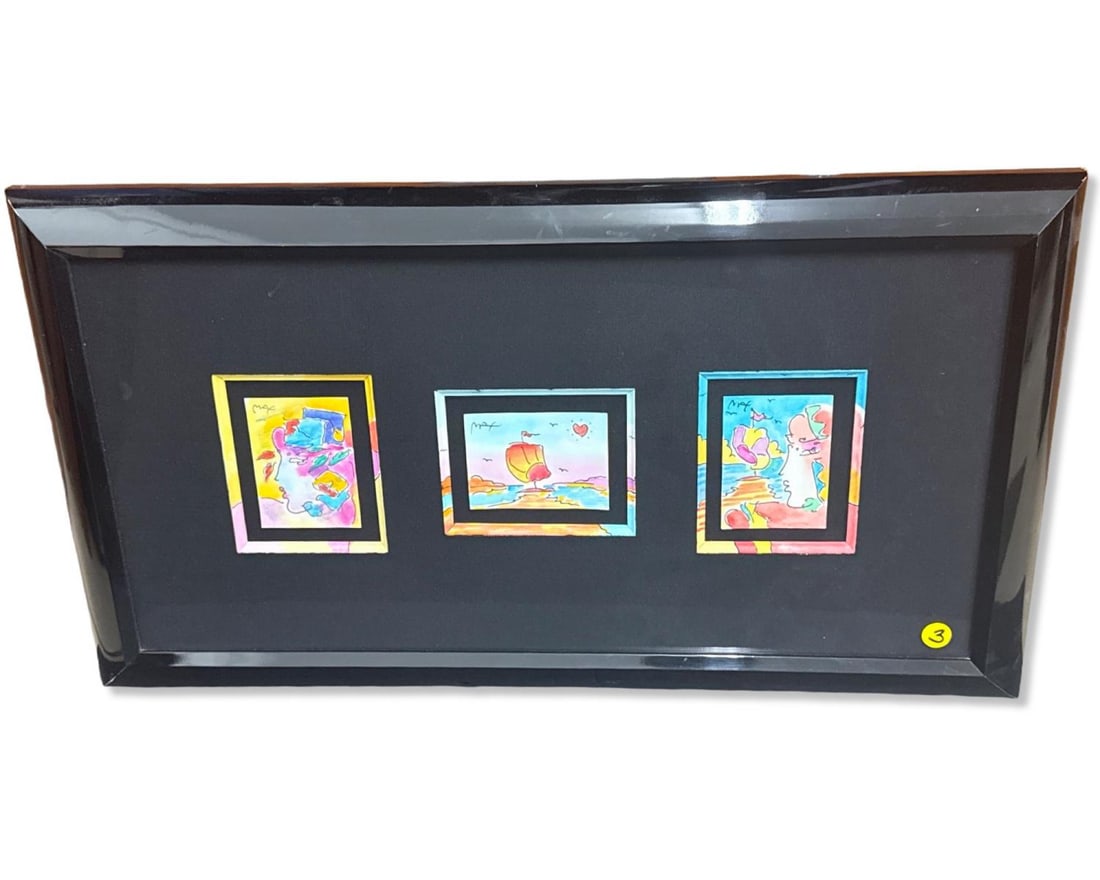 Signed Peter Max (German/American, b. 1937) Triptych Watercolor Painting: Signed Peter Max (German/American, b. 1937) Triptych Watercolor Painting. All are signed upper left, total H: 14 3/8" x W: 25 7/8"