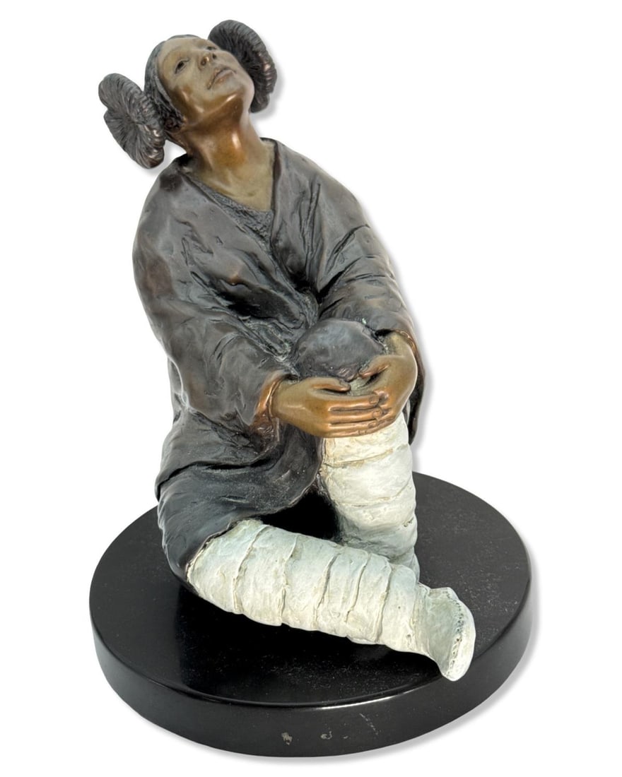 Signed James Roybal (American, b. 1952) Day Dreams Bronze Sculpture on Black Marble Base: Signed James Roybal (American, b. 1952) Day Dreams Bronze Sculpture on Black Marble Base. Signed, dated 1985, & numbered 17/30 H: 7 1/2" x DIA: 6"