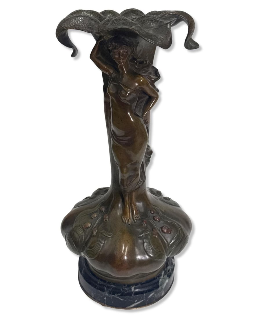 Signed M. LeBlanc Figural Bronze Candleholder on Black Marble Base Featuring a Woman & Floral Motif (1 of 4)