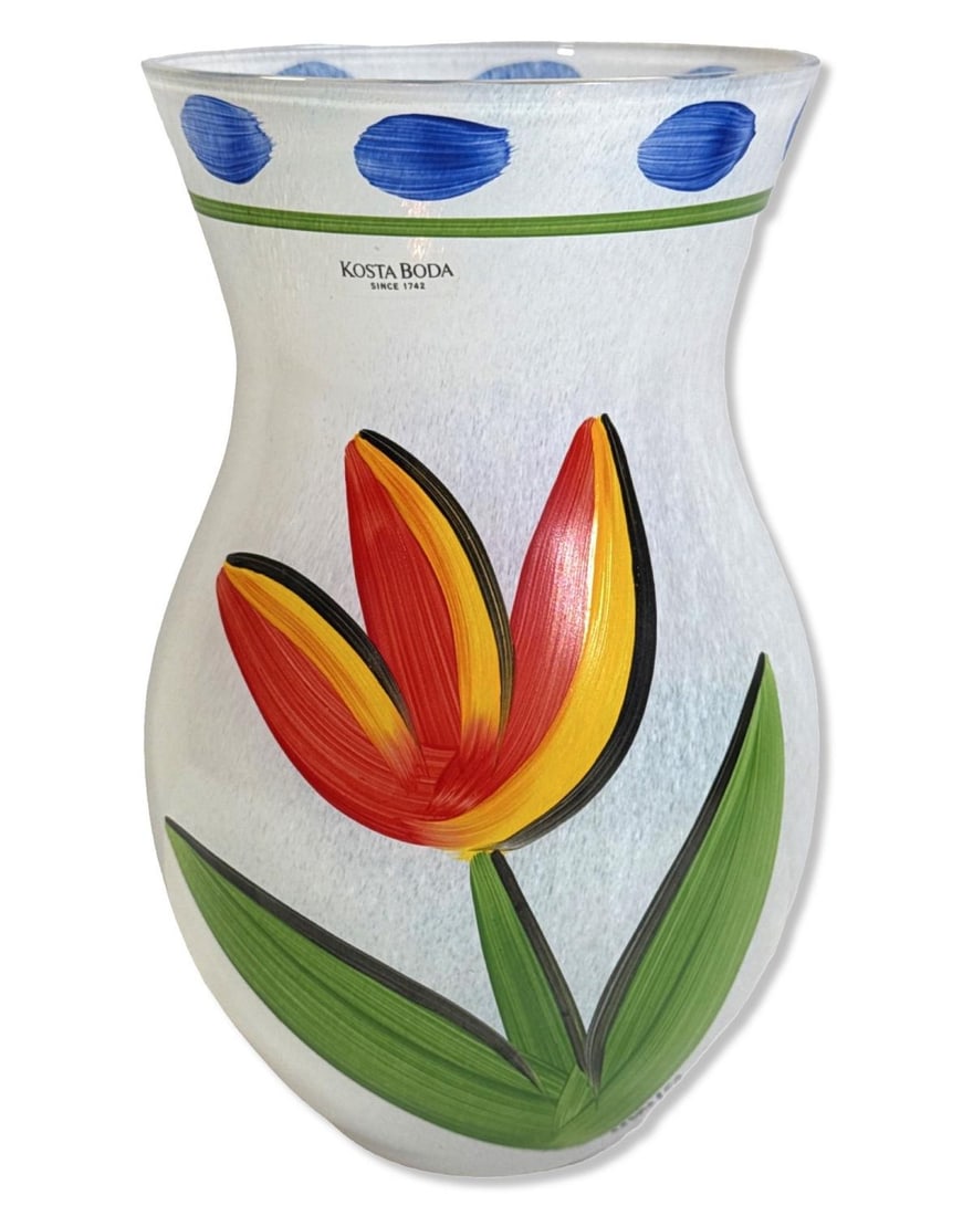 Signed Ulrica Hydman Vallien for Kosta Boda Handpainted Art Glass Vase: Signed Ulrica Hydman Vallien for Kosta Boda Handpainted Art Glass Vase measures H: 8" x DIA: 4 1/2"