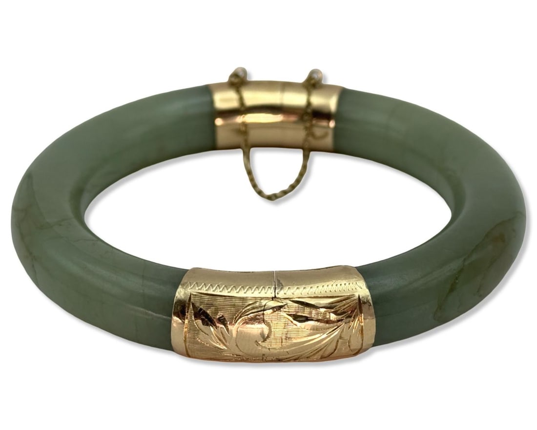 14kt YG & Chinese Carved Jade Bangle Bracelet: 14kt YG & Chinese Carved Jade Bangle Bracelet measures DIA: 3 1/4", weighs 55.42dwt