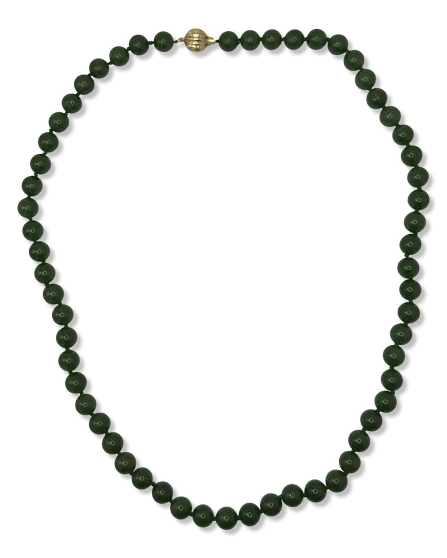 Hand Knotted Deep Green Tone Spinach Jade Beaded Necklace Featuring a 14kt YG Ball & Clasp: Hand Knotted Deep Green Tone Spinach Jade Beaded Necklace Featuring a 14kt YG Ball & Clasp L: 13", jade beads measure approx 10.09 mm