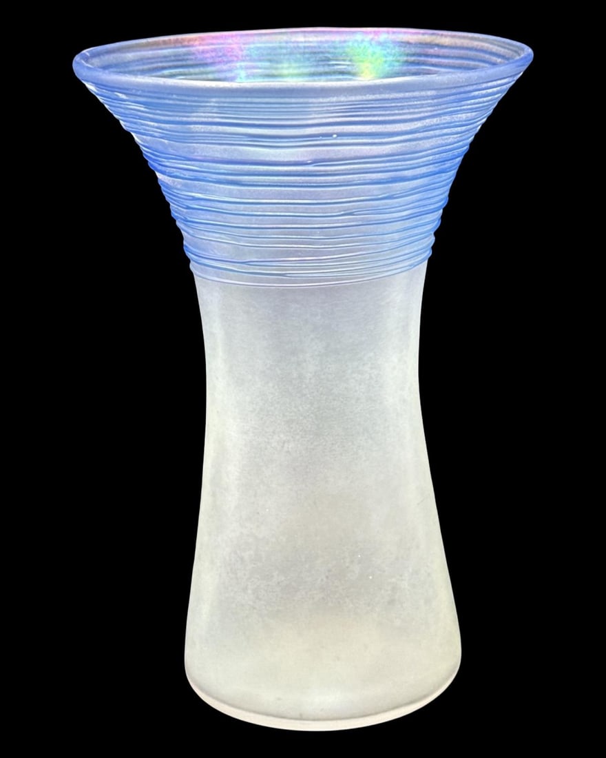 Steuben Style Frosted Iridescent Vase Featuring Blue Threading Along the Rim (1 of 2)