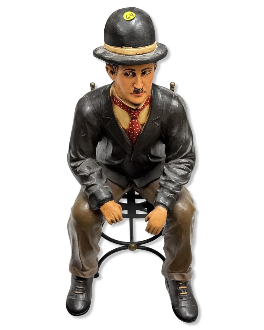 Vintage Charlie Chaplin Painted Composition Sculpture Seated in an Iron Chair (1 of 2)