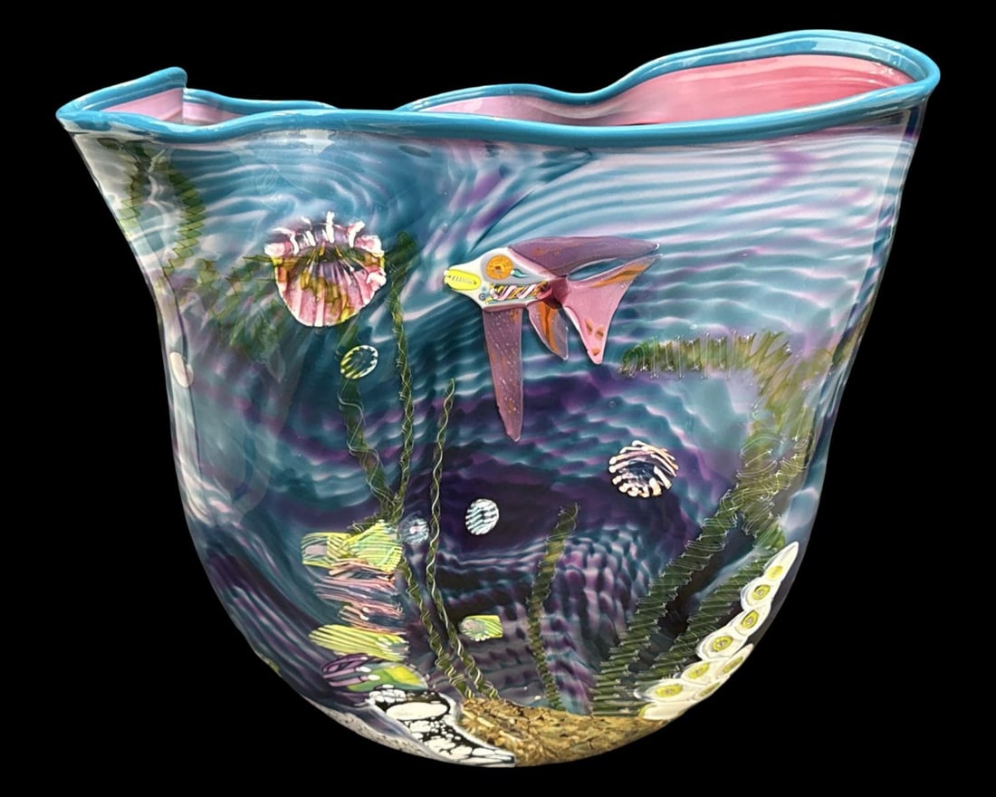 Mark Eckstrand Large Multicolored Art Glass Centerpiece Featuring a Stylized Underwater Scene: Mark Eckstrand Large Multicolored Art Glass Centerpiece Featuring a Stylized Underwater Scene H: 15 3/4" x W: 16 1/4"