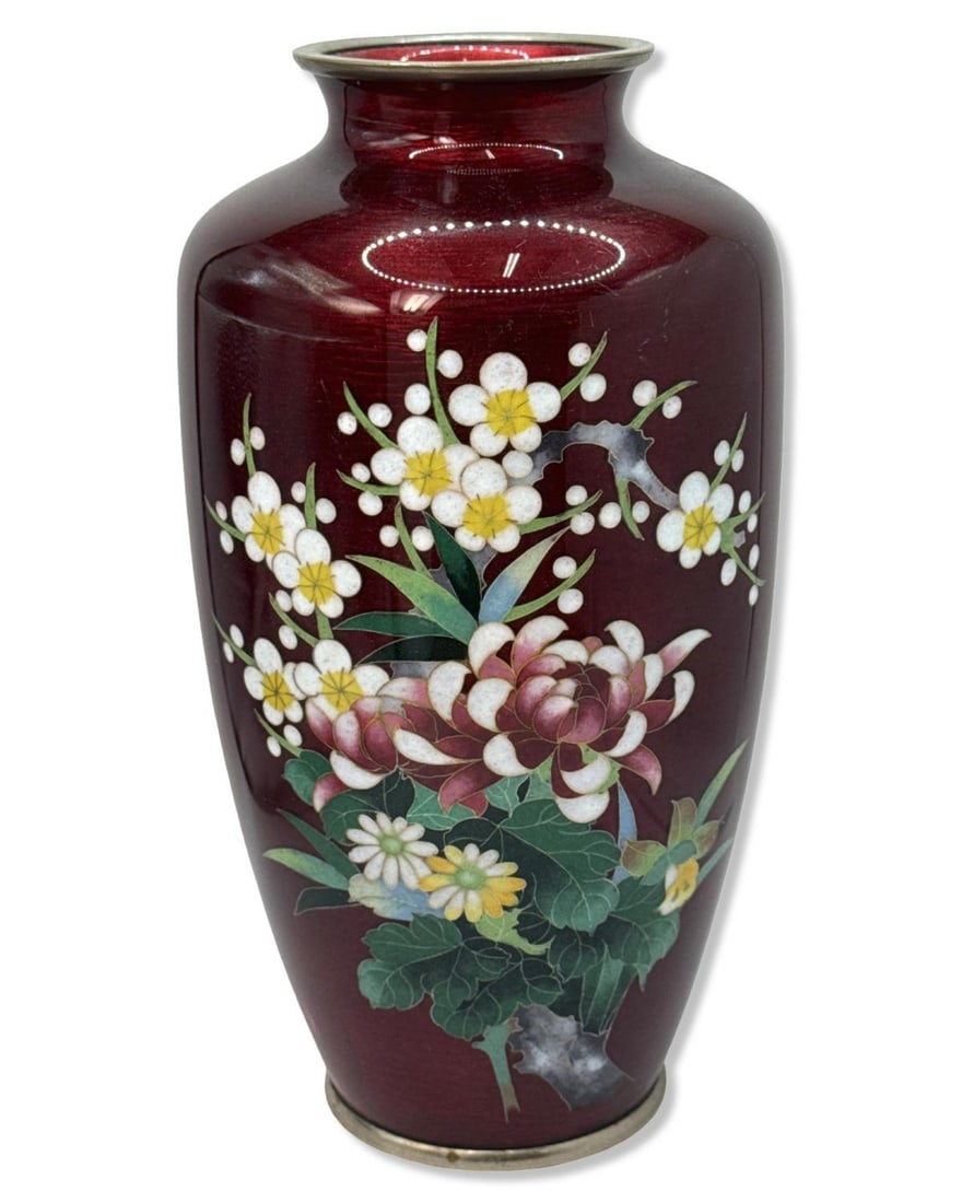 Japanese Cloisonne Enamel Floral Motif Vase Featuring a Deep Red Color (1 of 3)