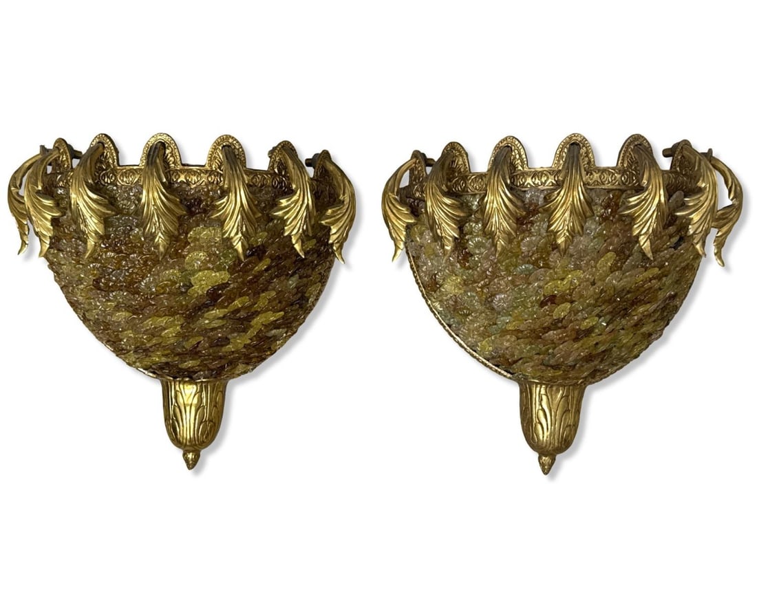 Pair of Vintage Louis XVI Style Gilded Bronze & Colored Crystal Wall Sconces: Pair of Vintage Louis XVI Style Gilded Bronze & Colored Crystal Wall Sconces H: 14" x W: 13 1/2"