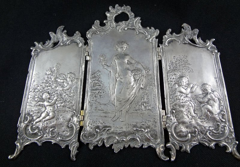 19th Century 800 Silver Figural 3 Pc. Miniature Screen: 19th Century 800 Silver Figural 3 Pc. Miniature Screen. Measures - 4 3/8" high x 5 1/4" wide.