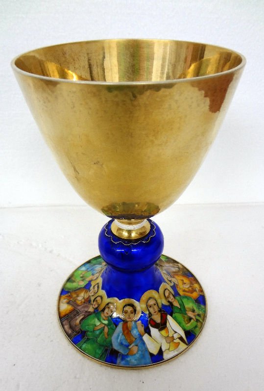 Antique 800 German Enamel & Gold Wash Chalice: Antique 800 German Enamel & Gold Wash Chalice. Has gold wash on top of Chalice cobalt blue enamel on stem and depicts figures all around base. Measures - 7 5/8" high x 5" diameter.