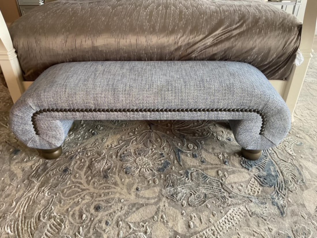 Blue Grey Tone Upholstered Bench with Metal Accents Throughout (1 of 1)