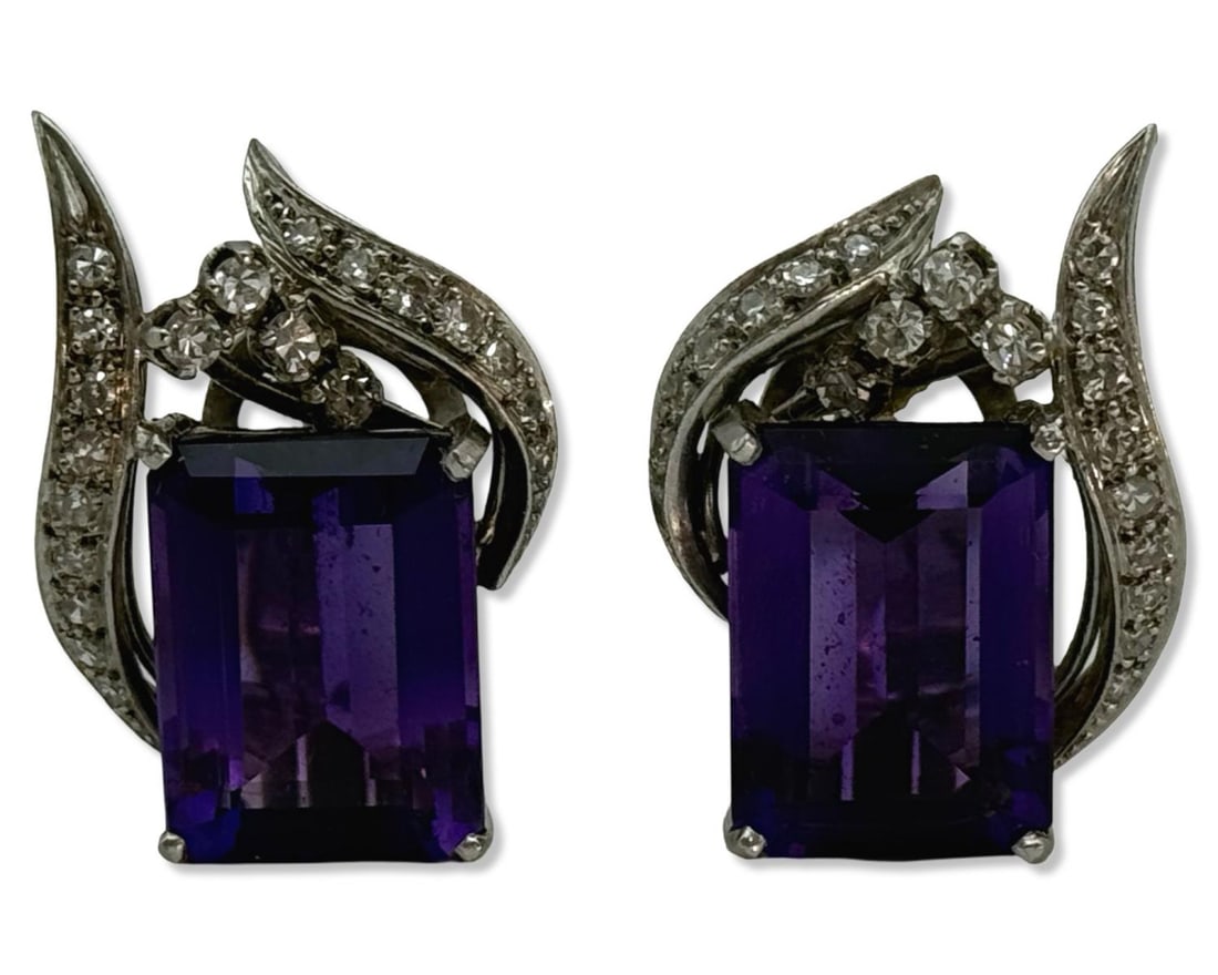 18kt WG, Approx 10.00ct Amethyst, & 0.50ct Diamond Earrings: 18kt WG, Approx 10.00ct Amethyst, & 0.50ct Diamond Earrings L: 1" x W: 3/4", weighs 7.06dwt