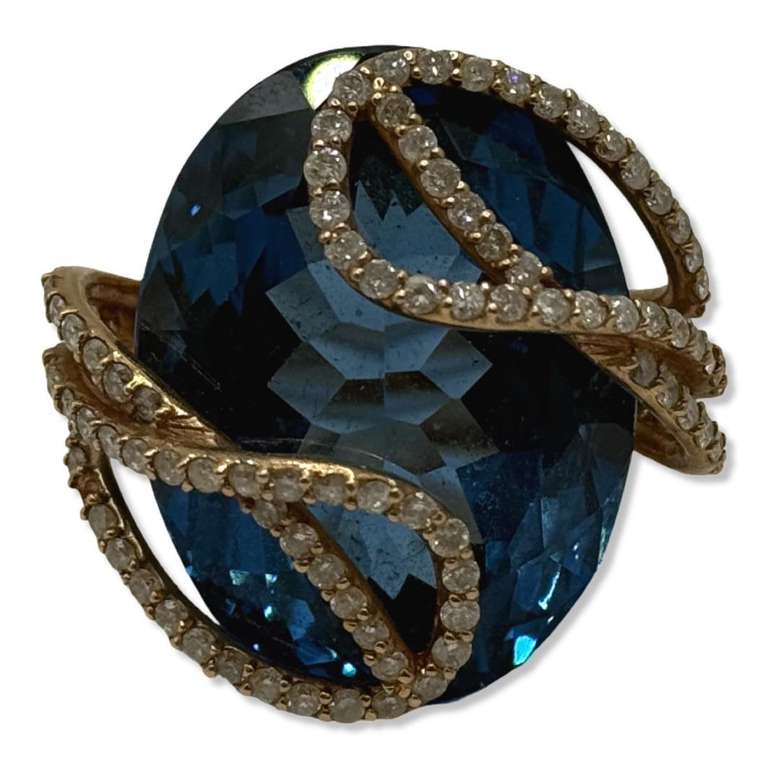 14kt RG, Diamond, & Monumental Sized Blue Topaz Ring: 14kt RG, Diamond, & Monumental Sized Blue Topaz Ring size 8 1/4, weighs 15.74dwt