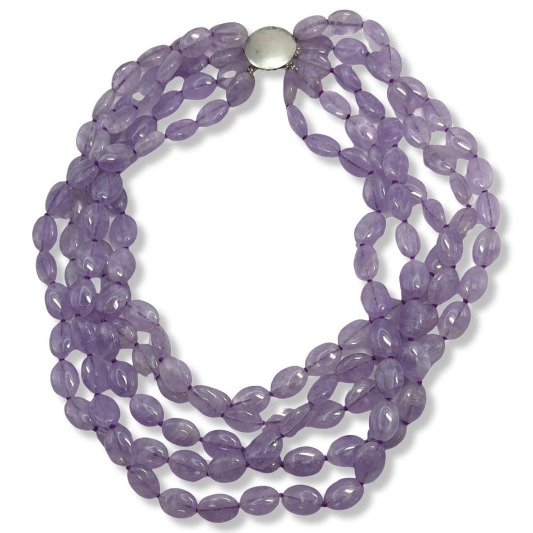 Gump's Lavender Jade & Sterling Silver Beaded Necklace: Gump's Lavender Jade & Sterling Silver Beaded Necklace with original box & packaging measures L: 8" x DIA: 6 1/2". Each bead measures approx 14mm, 121.28dwt/188.59g
