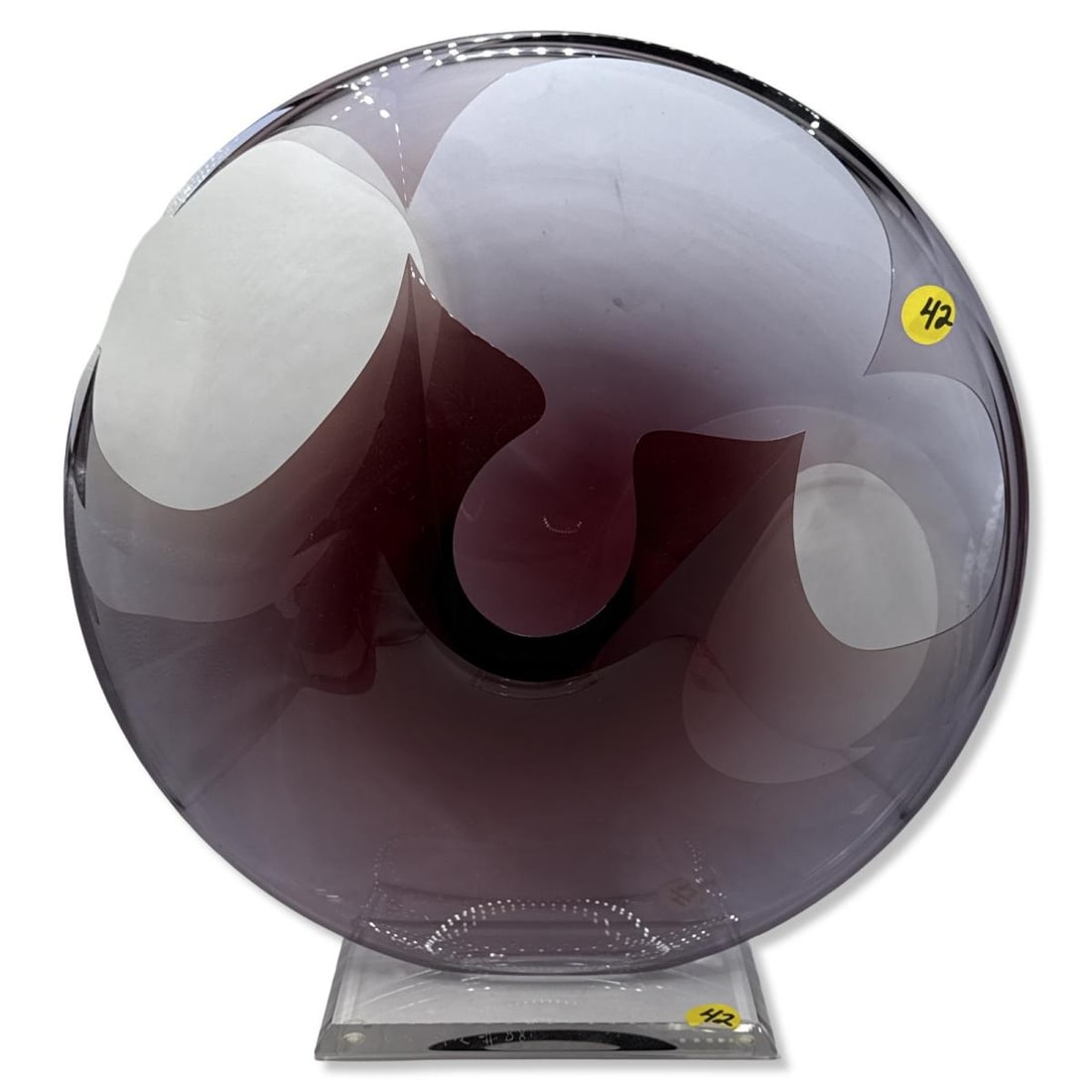 Peter Vanderlaan (American, b. 1950) Art Glass Sculpture on Glass Base: Peter Vanderlaan (American, b. 1950) Art Glass Sculpture on Glass Base. Signed & numbered 4/92, H: 13 1/4" x W: 13". Has chips, sold as is
