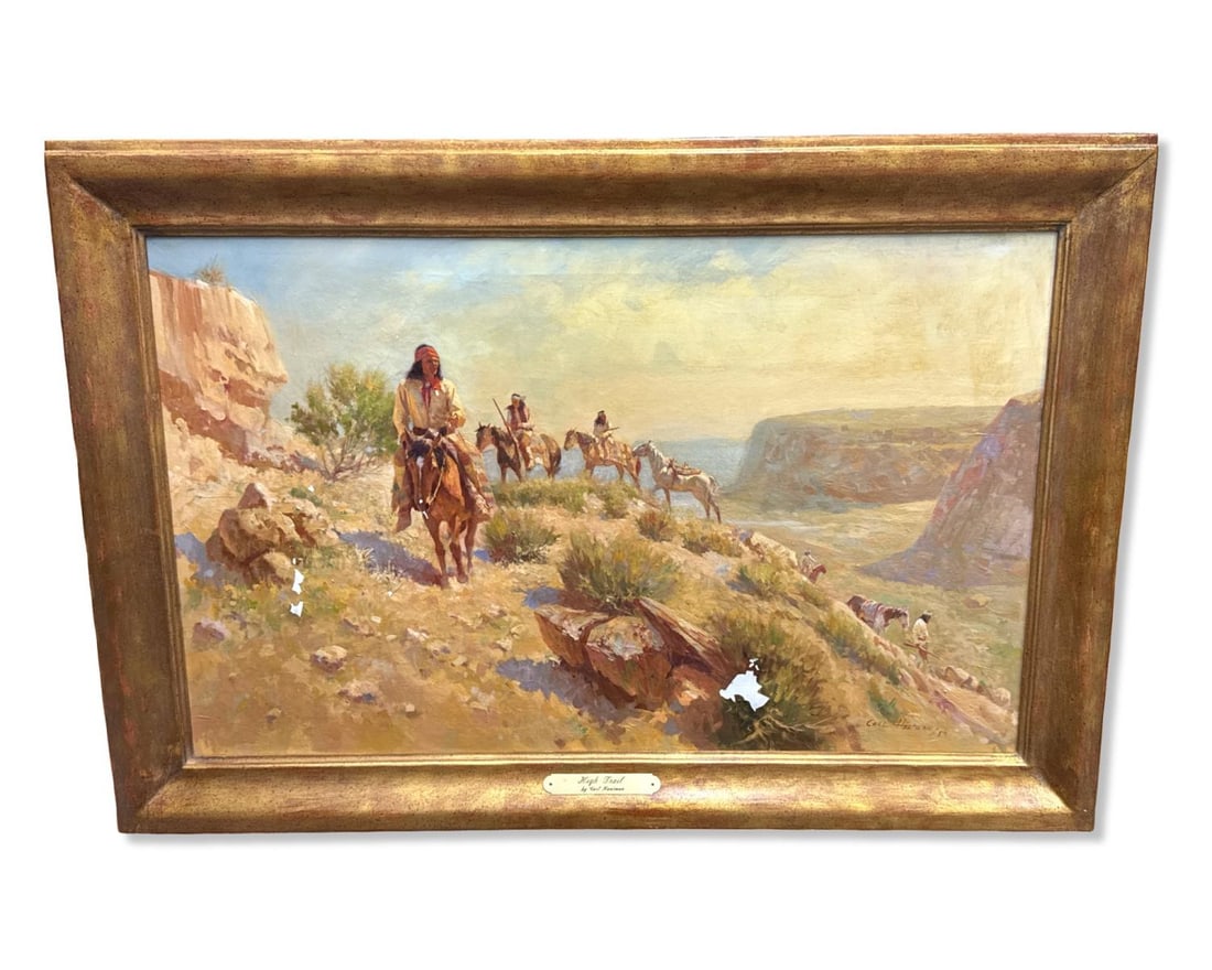 Signed Cart Hantman (American, 1933-2026) High Trail Oil Painting on Canvas: Signed Cart Hantman (American, 1933-2026) High Trail Oil Painting on Canvas. Signed & dated '83, H: 26" x W: 37 3/4". Has paint loss throughout, sold as is