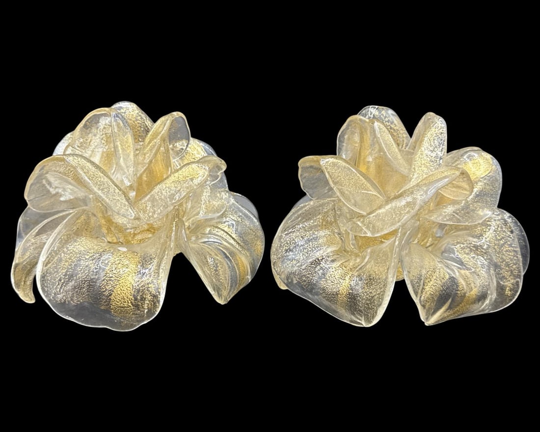 Pair of Venetian Clear & Gold Speckle Art Glass Floral Blossom Candleholders (1 of 2)